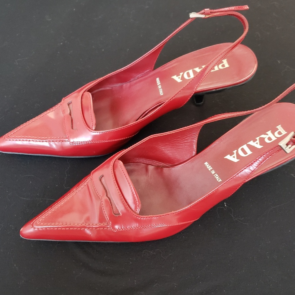 PRADA Kitten Heel Slingbacks in Dark Red Leather